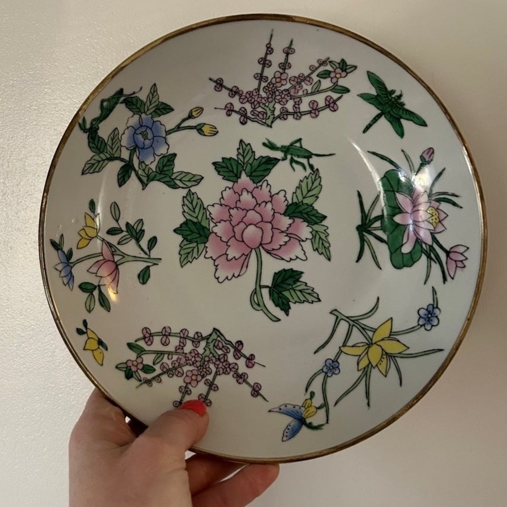 Vintage Porcelain Handpainted Plate Encased in Brass Lotus Flwr and Grasshopper